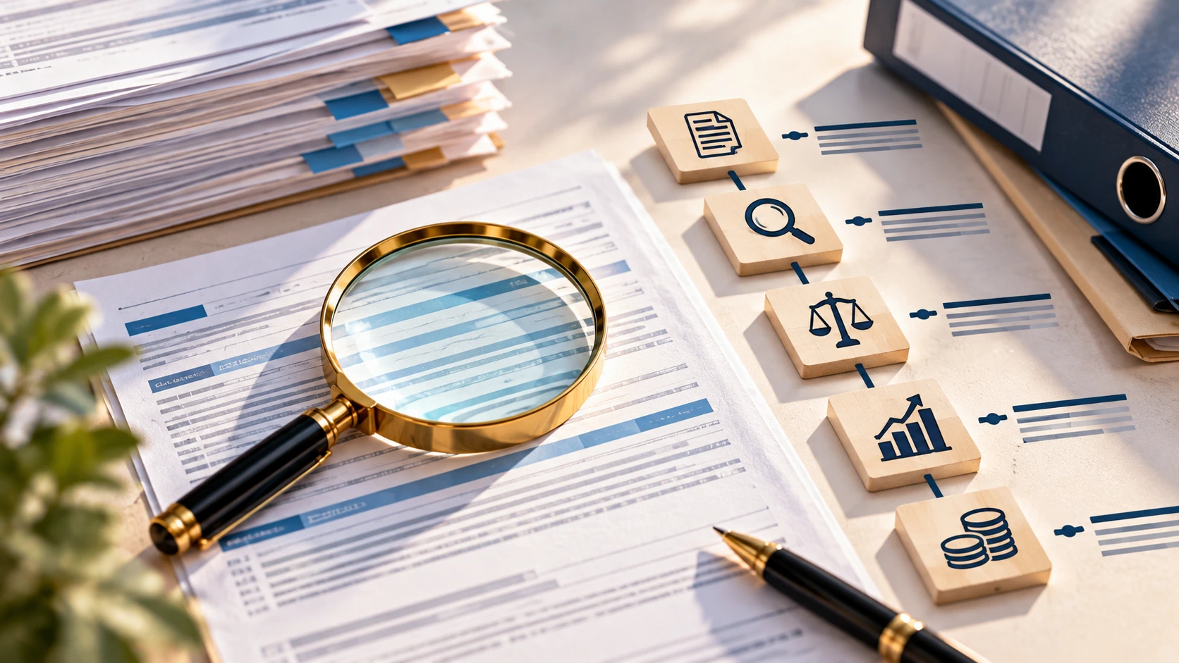 Documents financiers et étapes d’analyse représentés par des pictogrammes