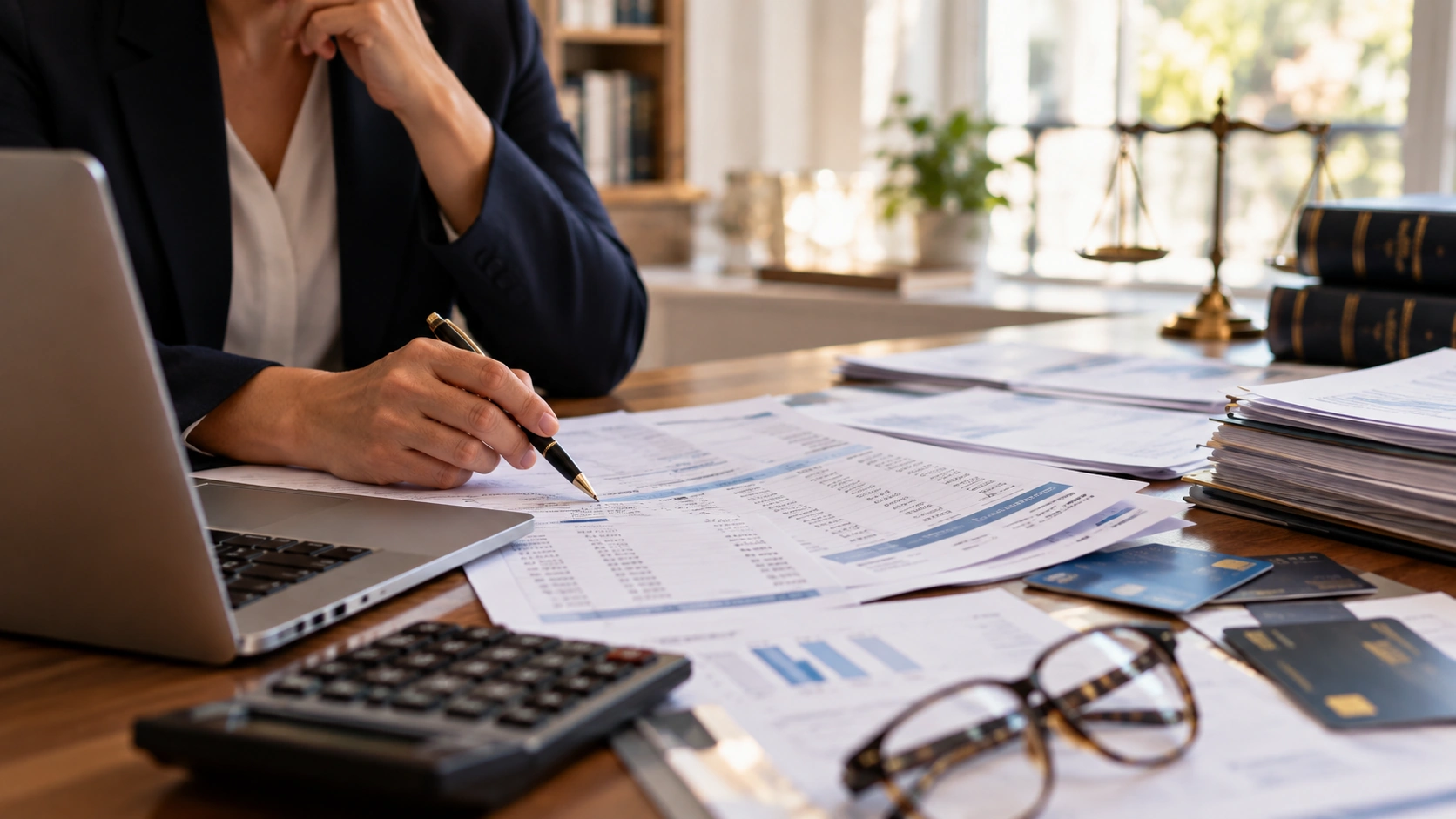 Professionnelle analysant des documents financiers avec une calculatrice