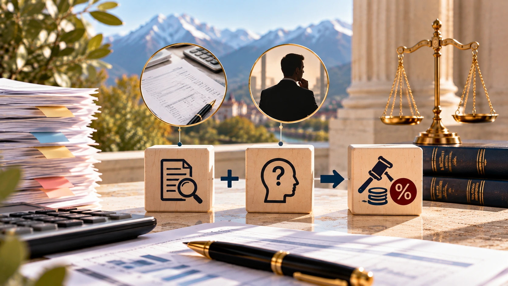 Documents et balance illustrant l’analyse d’une situation fiscale et de ses pénalités