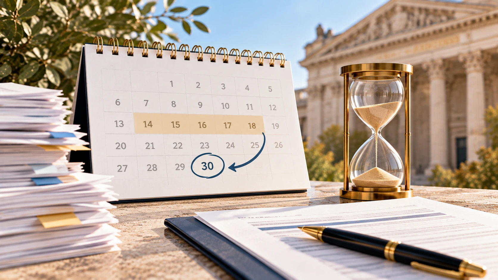 Calendrier et sablier illustrant une échéance administrative