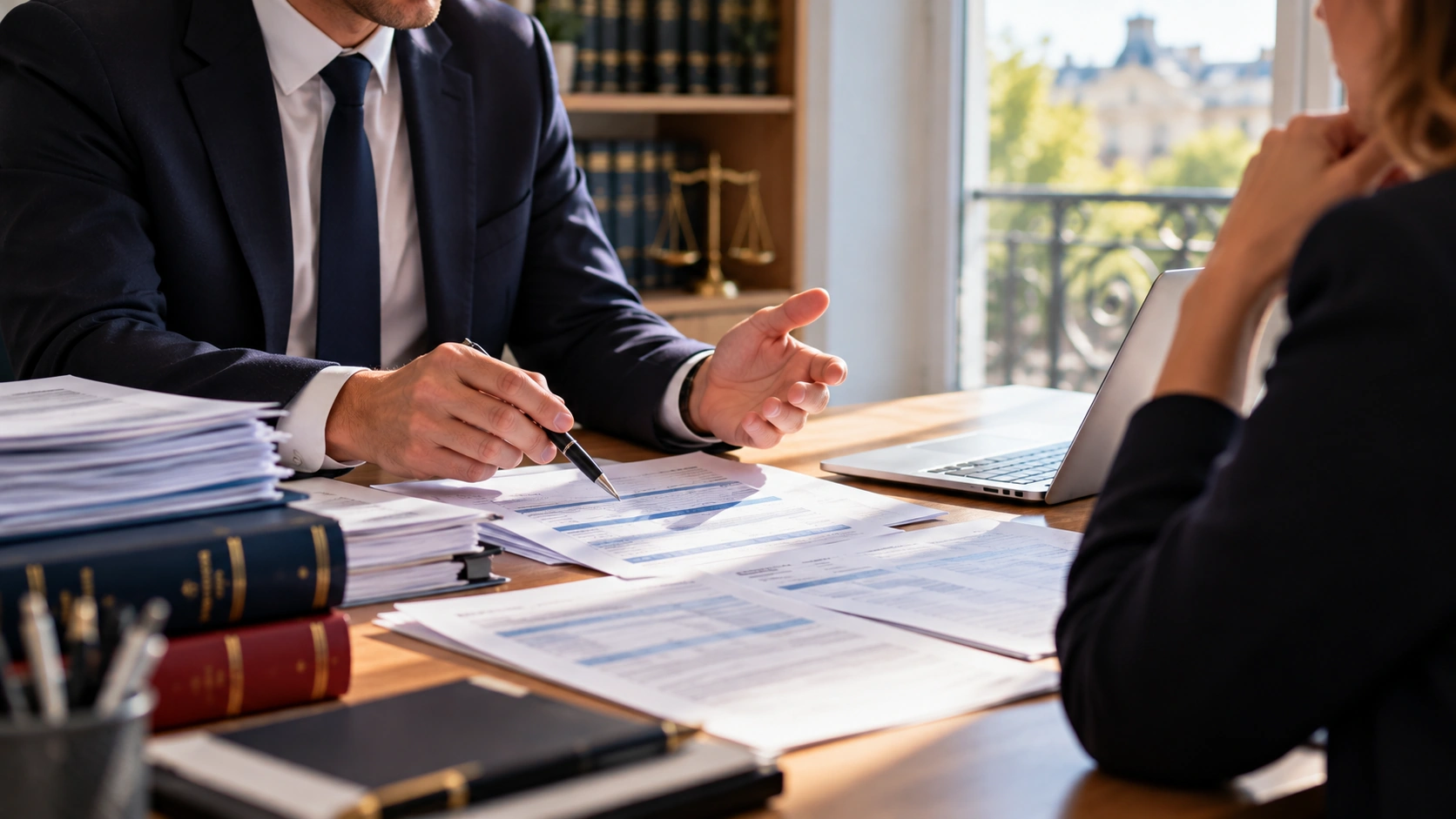 Consultation entre un professionnel du droit et une cliente autour de documents