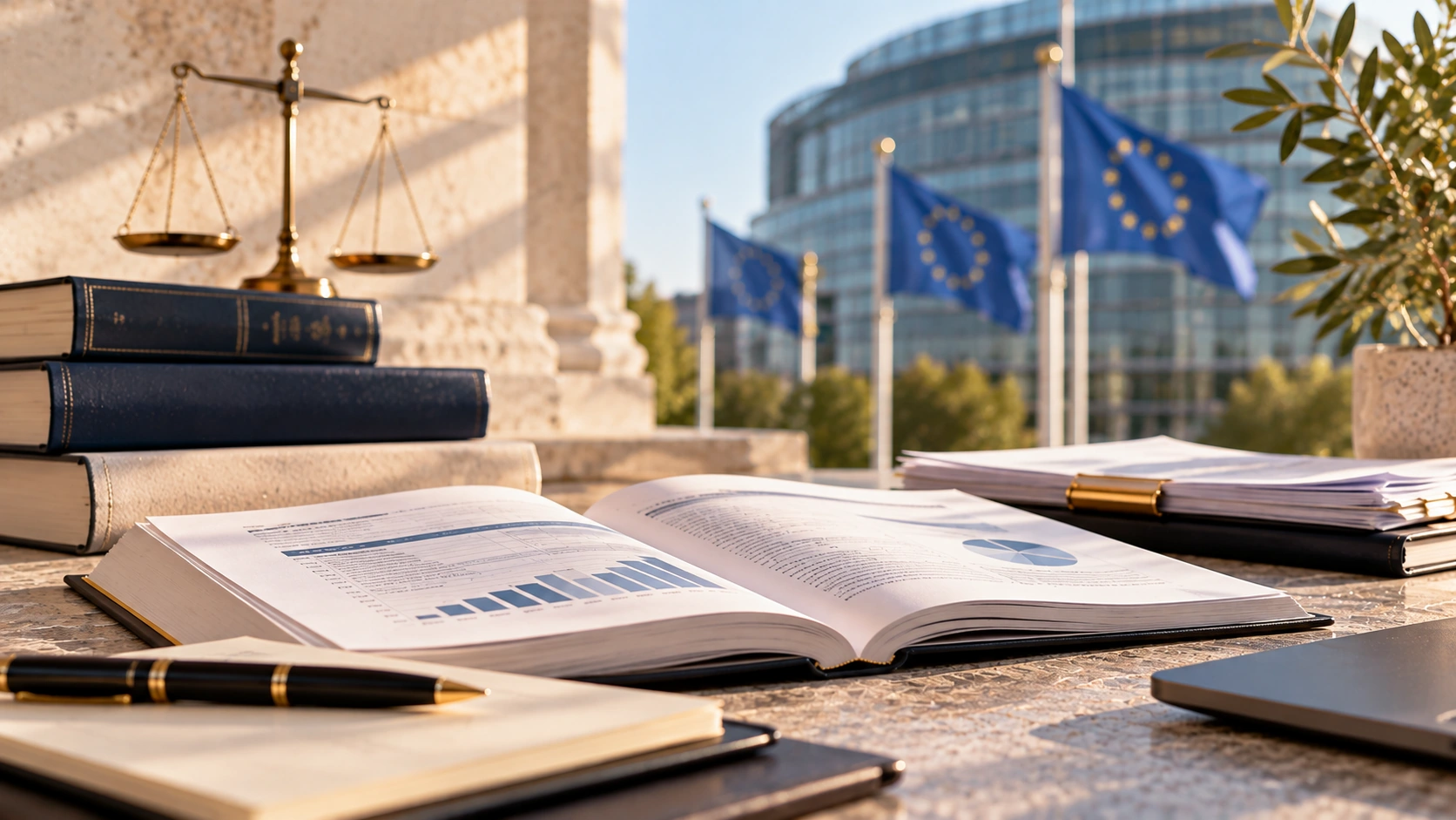Documents juridiques et balance devant des drapeaux européens