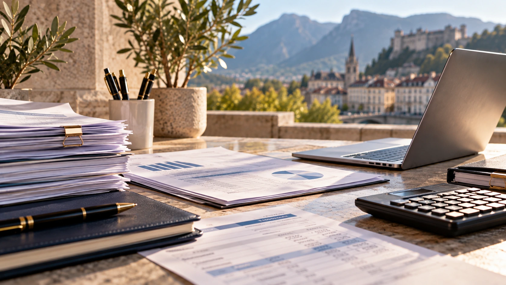 Dossiers comptables et ordinateur sur une table avec vue sur les montagnes