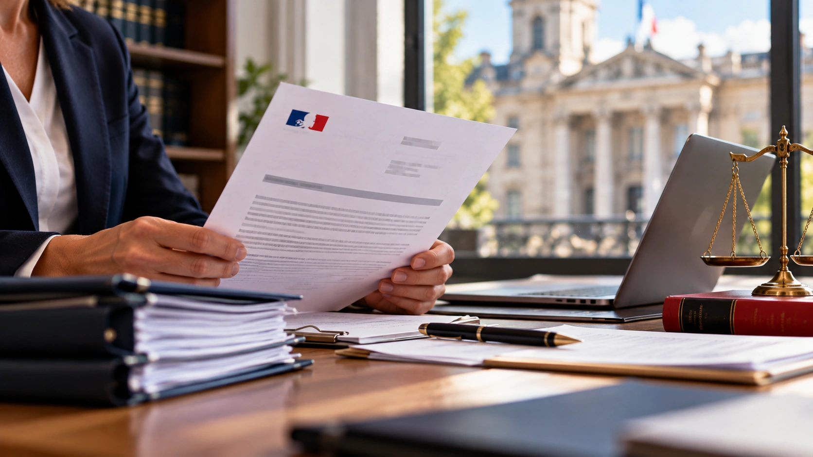 Lecture d’un document administratif dans un bureau juridique