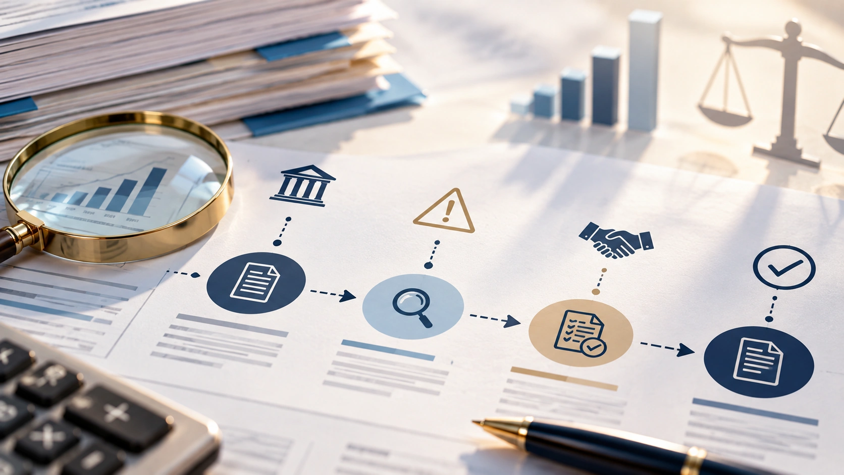 Schéma illustrant les étapes d’un audit fiscal avec documents et calculatrice