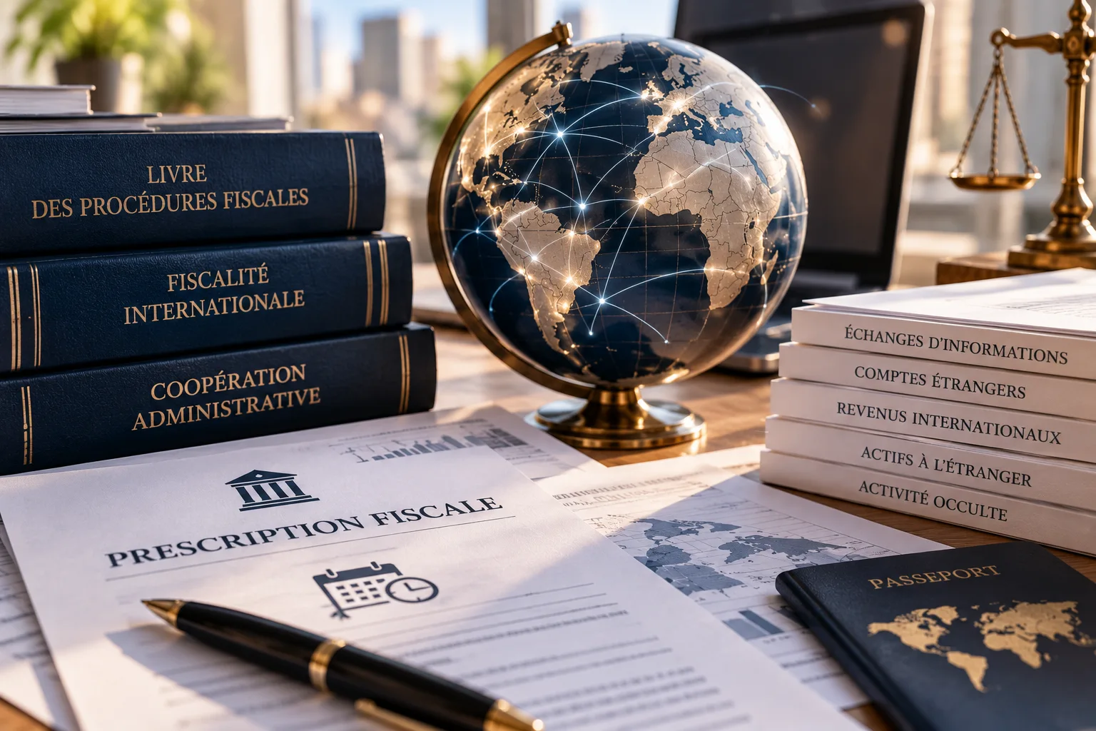 Documents administratifs avec un globe terrestre posé sur un bureau d'entreprise