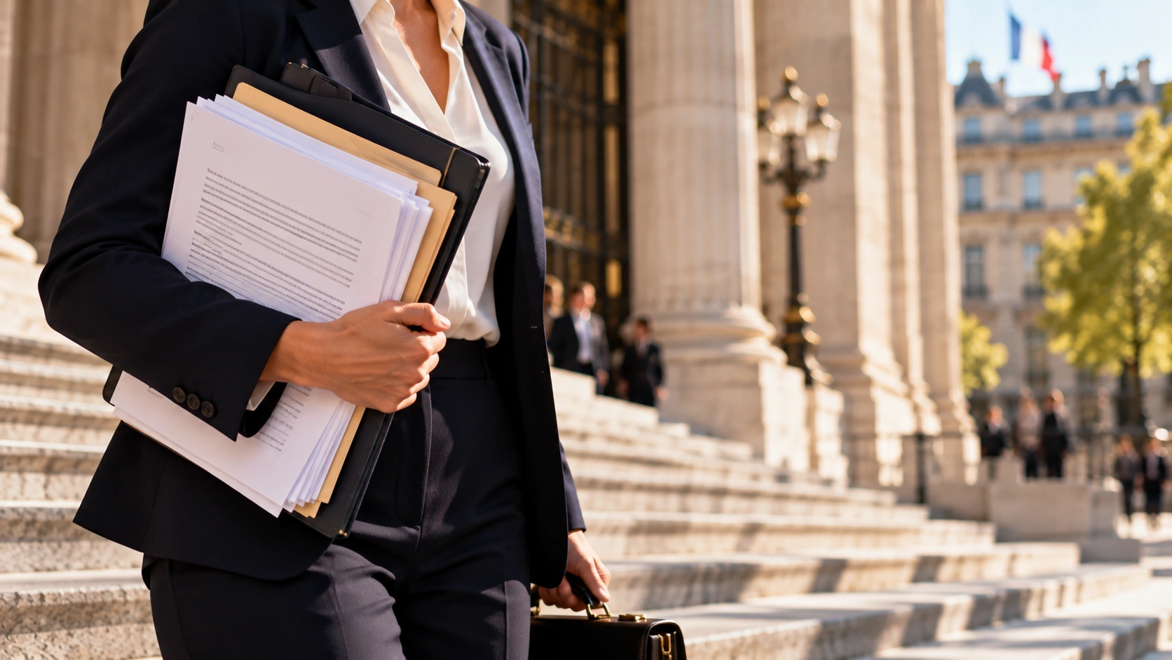 Professionnelle du droit tenant des dossiers devant un bâtiment institutionnel