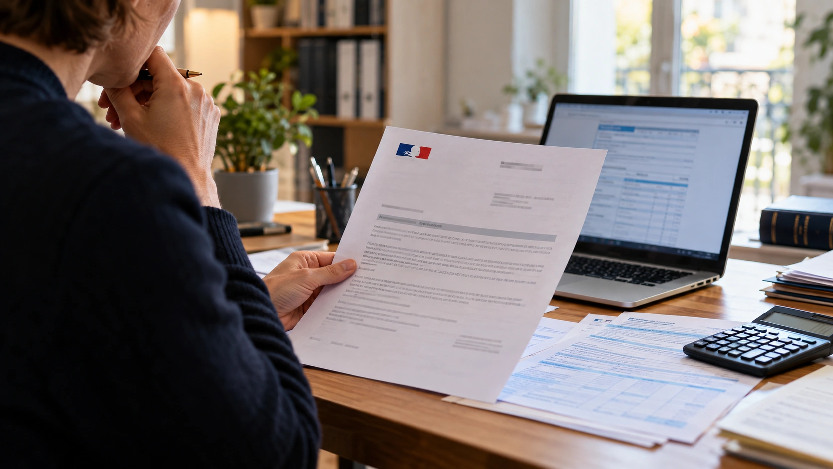 Personne examinant un courrier fiscal devant un ordinateur et des documents comptables